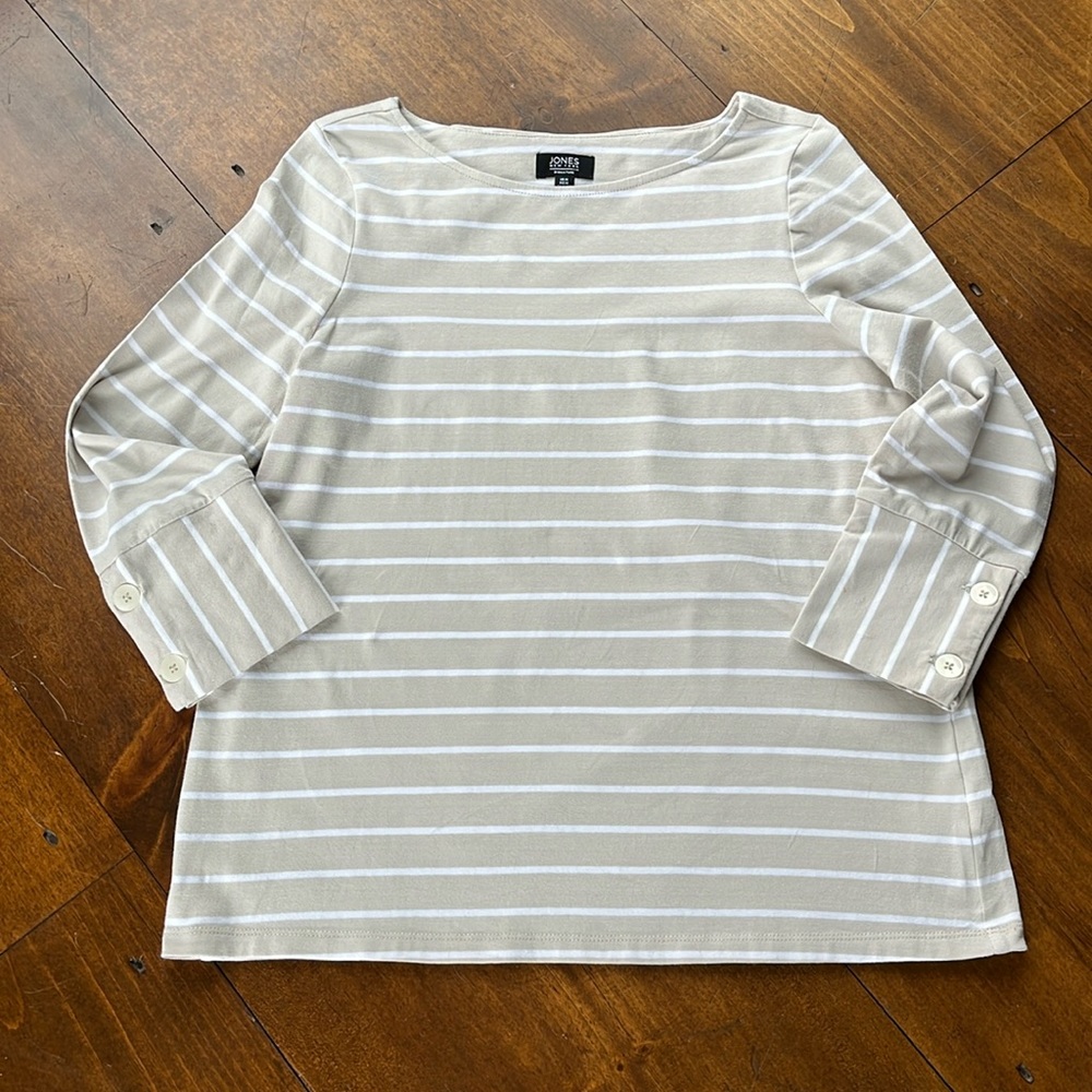 Jones New York Signature Tan Striped 3/4 Sleeve Shirt - M